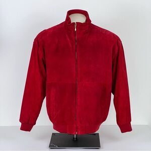 Pelle Vintage 80s Men M Red Suede Leather Fold Down Collar Zip Up Bomber Jacket